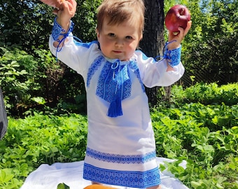 Ukrainian kids dress, Baby vyshyvanka dress, Blue and white embroidered dress with long sleeves, Festive baby dress for the first birthday