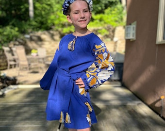 Traditional slavic dress for girl, Ukrainian embroidered dress, Ukrainian dress for girl, Linen dress, Blue navy dress, National costume