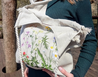 Wildflower bag, Linen shoulder bag with zipper, Linen floral bag, Embroidered bag, Linen tote bag, Market bag, Boho bag, Summer beach bag