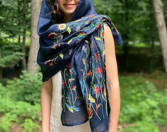 Embroidered Linen scarf women, Linen wrap shawl, Embroidered linen shawl, Oversized scarf, Summer scarf, Oversized , Linen gift for mother