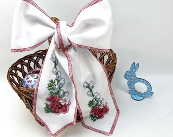 Floral Easter bow sash for basket, Embroidered Easter basket bow, Beaded Easter basket sash, Easter Bow for basket dedor, Easter decorations