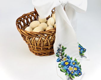 Bow sash for Easter basket, Beaded Easter bow sash, Embroidered Easter basket cover, Embroidered Easter basket bow with floral pattern