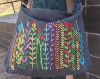 Womens hippie crossbody bag, Boho shoulder bag, Large cross body bag, Fabric bag, Linen bag, Women&#39;s bags with zippers, Birthday gift