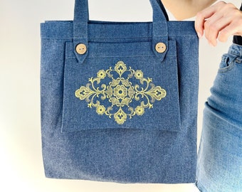 Embroidered tote bag, Flower tote bag, Floral embroidery bag, Linen shoulder bag, Christmas gift for women, Embroidered gift, Gift for her