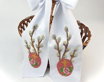 Easter basket bow sash, Beaded easter ornament for basket decor, Embroidered easter basket bow, Easter basket cover with handmade embroidery