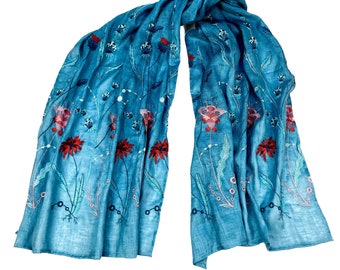 Blue linen scarf for women, Embroidered scarf wrap, Flower embroidered scarf, Gift for mother, Gift for Christmas, Birthday gifts