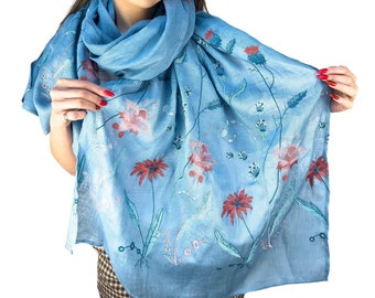 Mexican shawl, Long linen scarfs for women, Embroidered scarf with floral embroidery, Flowers embroidered wrap, Gift for women, Linen shawl