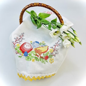 Pascha basket cover, Pysanka egg embroidery, Linen embroidered napkin for Easter basket, Easter decorations for home, Easter basket covers