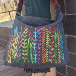 Womens hippie crossbody bag, Boho shoulder bag, Large cross body bag, Fabric bag, Linen bag, Women's bags with zippers, Birthday gift