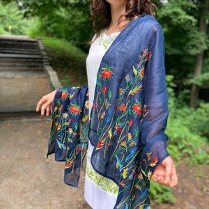 Embroidered linen scarf women, Linen wrap shawl, Floral wrap, Summer linen scarf, Soft linen scarf, Flowers embroidery, Floral shawls, Gift