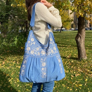 Large linen tote bag, Linen shoulder bag, Embroidered bag, Floral embroidery, Everyday tote bag, Linen hobo bag, Blue bag, Boho linen purse image 1