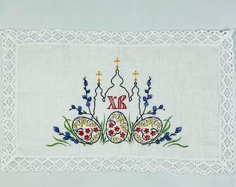 Easter church linen napkin, Easter basket cover with eggs embroidery, Embroidered towel for Easter, Napkin for Easter, Easter home decor