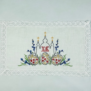 Easter church linen napkin, Easter basket cover with eggs embroidery, Embroidered towel for Easter, Napkin for Easter, Easter home decor