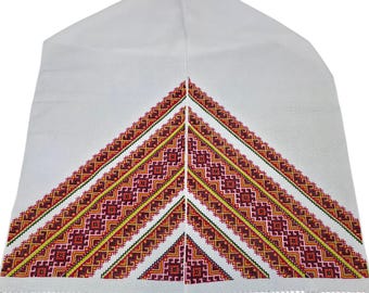 Traditional ritual wedding cloth, Ukrainian embroidered wedding rushnyk, Wedding towel with geometric folk ornament, White ceremonial towel