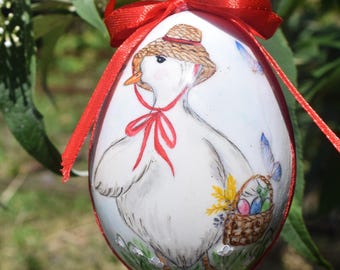 Hand Painted Goose egg Easter decoration, Farmhouse style goose with basket of eggs and red ribbon bow, Spring ornament,Handmade Easter Gift