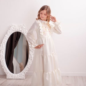 1st communion dress, Long sleeve embroidered girls&#39; occasion dress, Baptism dress with flower embroidery, Ivory dress for girls