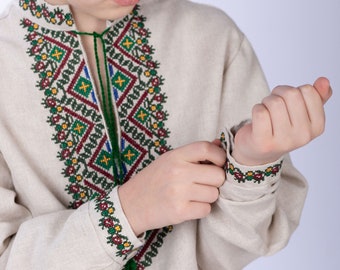 Ukrainian Vyshyvanka for boy, Boy's embroidered shirt sorochka, Linen traditional shirt made in Ukraine, Beige shirt with folk embroidery