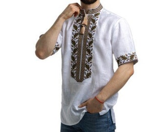 Short sleeve linen shirt for men, Ukrainian Vyshyvanka for men, Floral embroidered shirt for men, White linen shirt, Summer linen men shirt