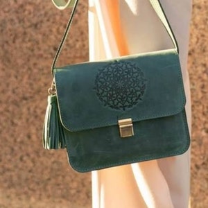 Leather crossbody bag, Mandala design, Women leather bag, Mandala purse, Mini crossbody bag, Gift for wife (18 colours available)