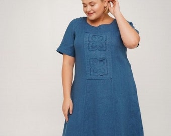 Blue plus size linen dresses for women, Summer linen dress, Blue linen dress, Loose linen dress, Wedding guest dress, Gift for wife