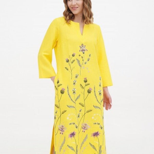 Tea length linen dress with wildflower embroidery, Embroidered midi linen dress for women, Yellow summer linen dress, Birthday gift for wife