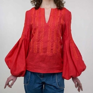 Romanian embroidered blouse, Red linen blouse for women, Vyshyvanka blouse, Embroidered linen blouse, Slavic shirt, Traditional embroidery
