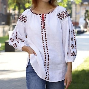 Boho natural white linen embroidered blouse, Ukrainian vyshyvanka for women, 3/4 sleeve linen blouse with folk embroidery, Birthday gift