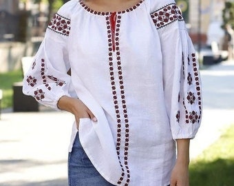 Boho natural white linen embroidered blouse, Ukrainian vyshyvanka for women, 3/4 sleeve linen blouse with folk embroidery, Birthday gift