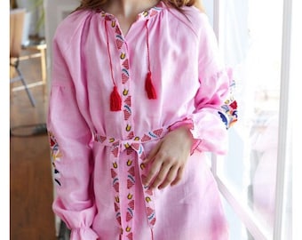 Ukrainian kids pink dress, Linen dress vyshyvanka for girls, Embroidered boho dress, Traditional dress, Birthday gift, Christmas present