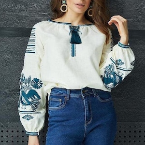 Floral mexican embroidered blouse, Women’s linen shirt in milky, Modern vyshyvanka, Folk hungarian blouse long sleeve, Ethnic linen top