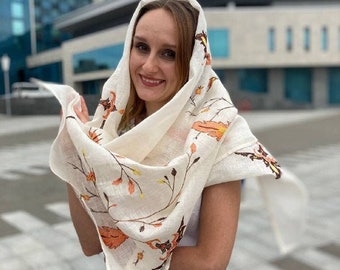 Women lightweight linen scarf, Floral embroidered shawl wrap, Muslim hijab scarf, Pure linen scarf, Christmas gift, Oversized scarf in ivory