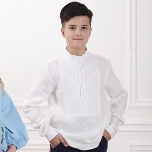 Vyshyvanka shirt for boy, Ukrainian style embroidered linen shirt with white embroidery, Vyshyvanka Sorochka, Ukrainian embroidery ornaments