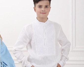 Vyshyvanka shirt for boy, Ukrainian style embroidered linen shirt with white embroidery, Vyshyvanka Sorochka, Ukrainian embroidery ornaments