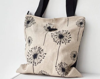 Dandelion bag, Large boho bag, Zippered tote bag, Embroidered totes, Linen shoulder bag, Eco friendly bag, Wildflower tote bag, Gift for mom