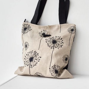 Dandelion bag, Large boho bag, Zippered tote bag, Embroidered totes, Linen shoulder bag, Eco friendly bag, Wildflower tote bag, Gift for mom image 1