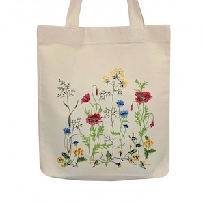 Embroidered canvas tote bag, Cottagecore tote bag, Shoulder bag with botanical embroidery, Wild flowers handbags, Gift for girlfriend
