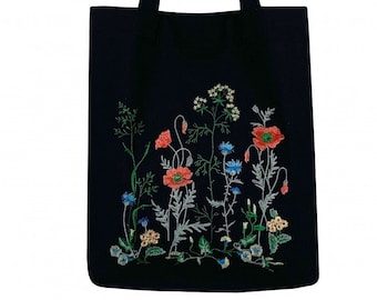 Wildflowers embroidery bag, Fabric tote bags with handles, Floral shoulder bag for women, Black cotton handbag, Gift for birthday