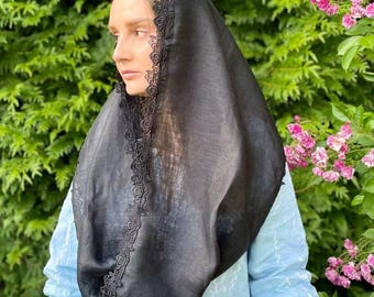 Black linen infinity veil with roses lace, Black chapel veil, Lace black mantilla, Catholic church head covering, Mantilla scarf for mass