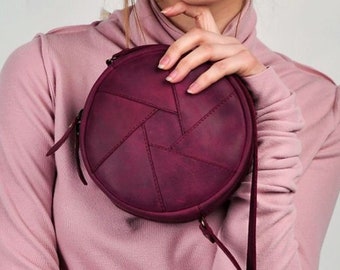 Round bag, Leather shoulder bags for women, Crossbody bag with strap, Genuine leather belly bag, Christmas gift, Many colors, Gift for her