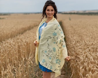 Embroidered linen scarf women, Floral embroidered shawl, Oversized wrap, Birthday gift for wife, Summer floral scarf