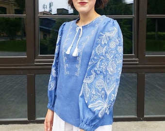 Blue linen embroidered Ukrainian blouse, Linen peasant blouse with Ukrainian embroidery, Vyshyvanka modern blouse for lady, Gift for her