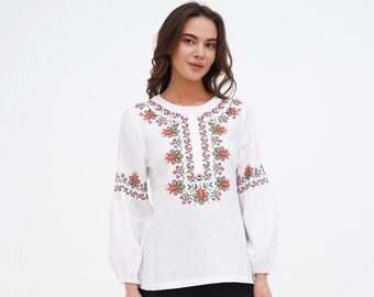 Embroidered linen blouse, Ukrainian traditional vyshyvanka blouse with floral embroidery, Embroidered linen shirt in boho style