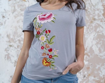 T-shirts brodés pour femmes, t-shirt botanique vintage, t-shirt floral, t-shirt brodé, vêtements Hippie Boho, t-shirt femme, chemise mexicaine