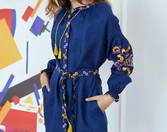 Ukrainian dress for girl, Vyshyvanka dress, Navy blue linen dress with floral embroidery, Embroidered button down dress, Ukrainian outfit