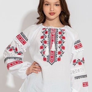 Kids vyshyvanka blouse for girls, Ukrainian cotton shirt for kids, Embroidered linen blouse for girls, Black and red floral embroidery