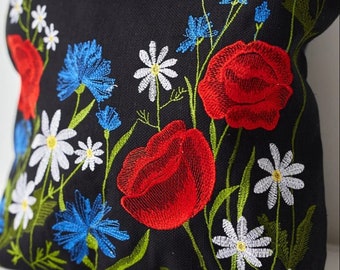 Poppy embroidery bag, Cloth tote bags for women, Embroidered tote bag with wild flowers, Bag with daisy embroidery, Eco gift, Gift for women
