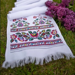 Ukrainian wedding rushnyk, Embroidered cotton towel, Slavic cross stitch embroidery, Floral table runner, Ethnic icon decor, Christmas gift