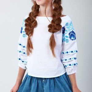 Embroidered blouse for girls, Ukrainian girls Vyshyvanka, White blouse with floral embroidery on sleeves, Embroidered top, Girls shirt
