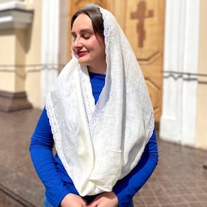Lace catholic chapel veil, Linen ivory veil for church, Natural infinity veil for mass, Catholic veil for mass, Traditional catholic scarf