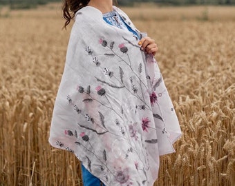 Pink wildflower scarf, Linen floral scarf, Embroidery botanical flower shawl, Mothers Day gift, Birthday Gift, Linen boho beach wrap